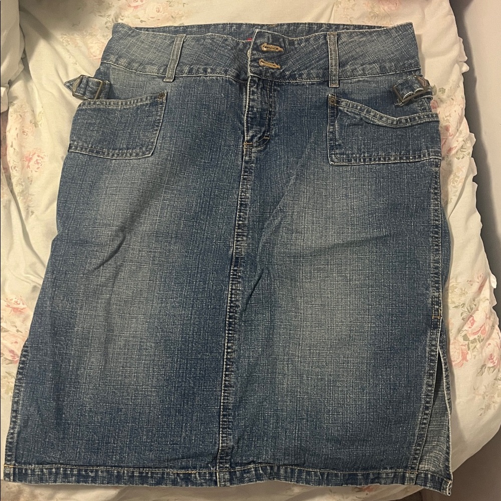 Denim Midi Skirt with Double Button Detail with adjustable sizing